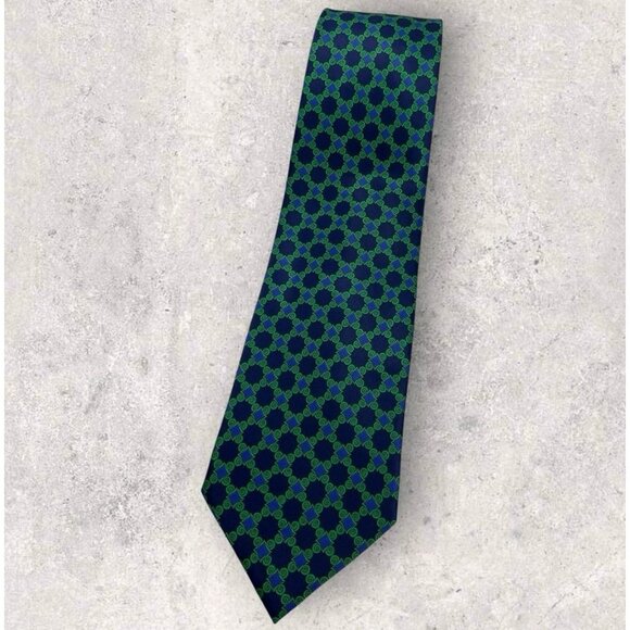 YVES SAINT LAURENT Silk Tie ITALY Green Navy Blue Geometric W:3.8" EUC - Picture 1 of 6